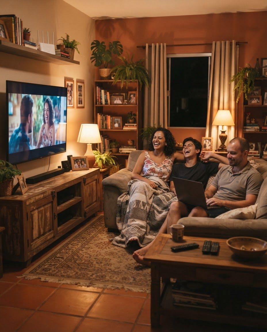 Família reunida em casa usando a internet, com a Top Informática em Arenápolis